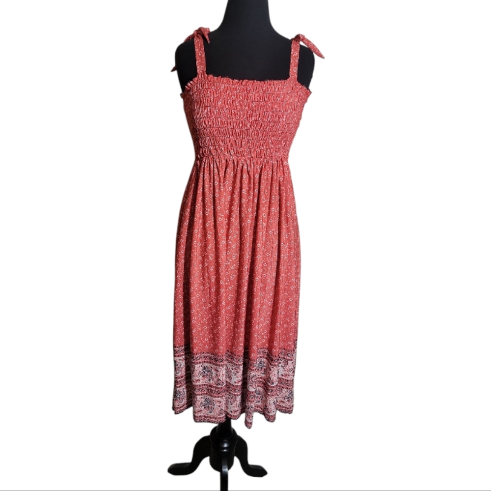 Lildy paisley smocked midi sundress boho tie strap orange white black L/XL